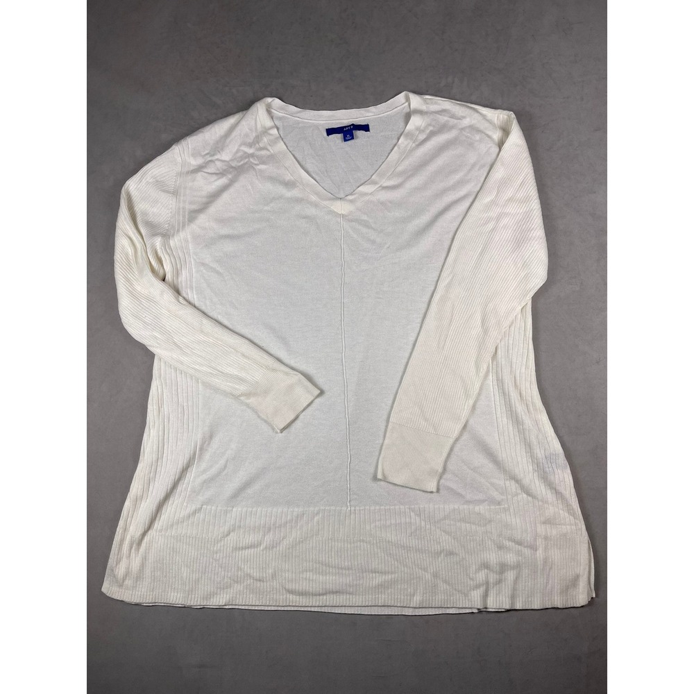 Apt 9 Womens XL White V-Neck Ribbed Long Sleeve Tunic Sweater Lightweight Knit